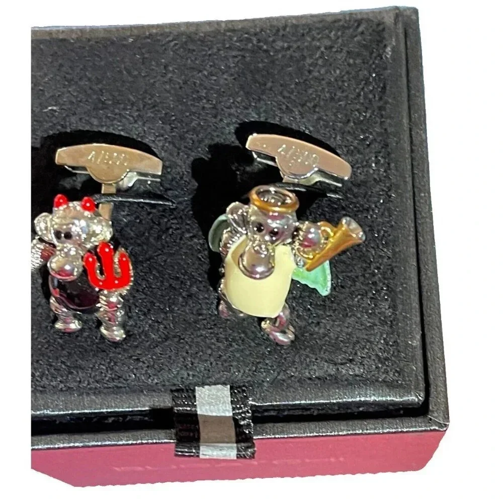 Bugatchi Logo Silver Multi-Color Enamel Monkey Devil & Monkey Angel Cuff Links